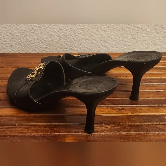 Escada Black Leather Heels with Gold Accent - Picture 5 of 12